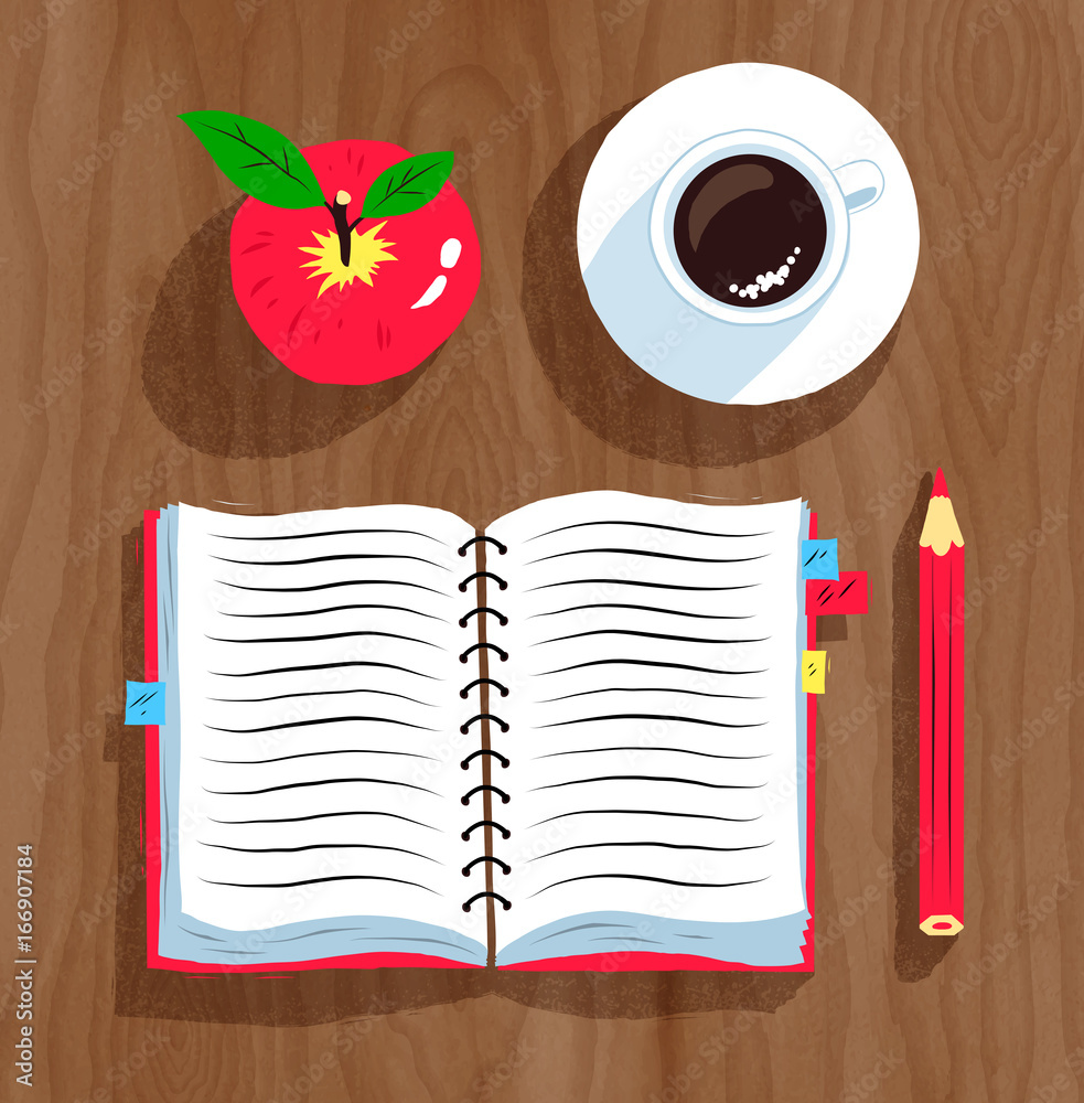 笔记本、苹果和一杯咖啡