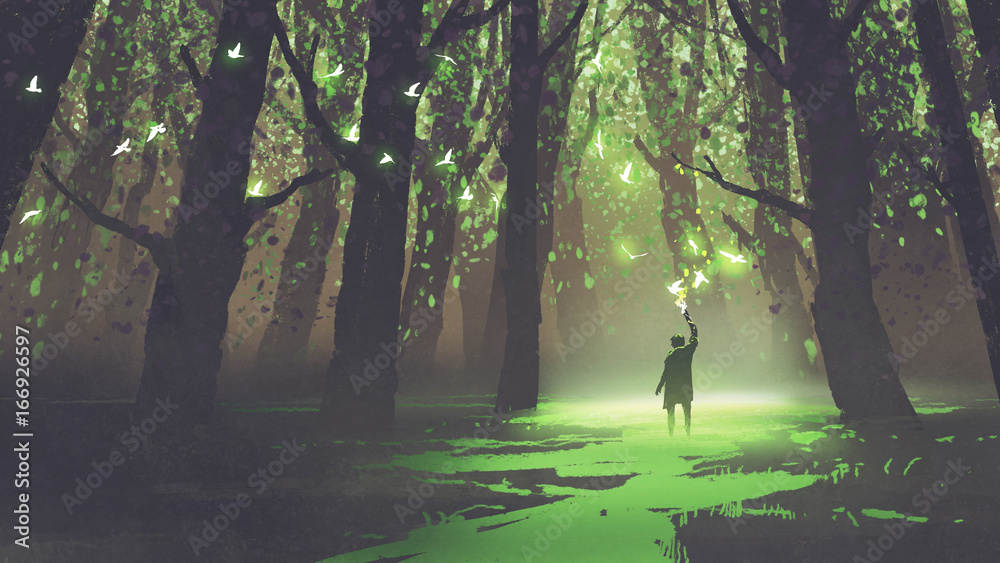 fantasy scene of alone man with torch standing in fairy tale forest,digital art style, illustration 