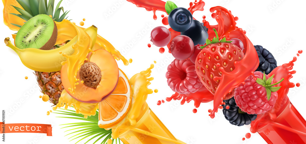 水果爆裂。果汁飞溅。甜美的热带水果和混合的森林浆果。三维逼真矢量ic