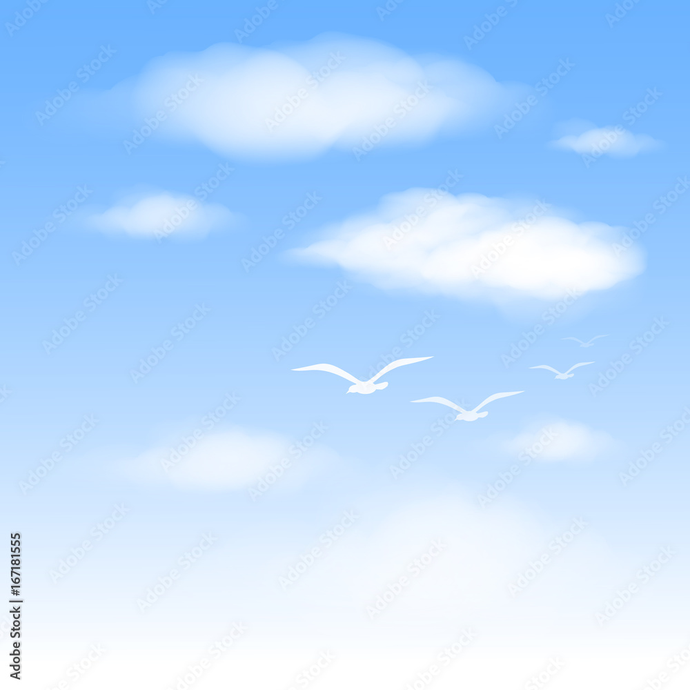 白云和鸟儿在天空中飞翔，矢量插图