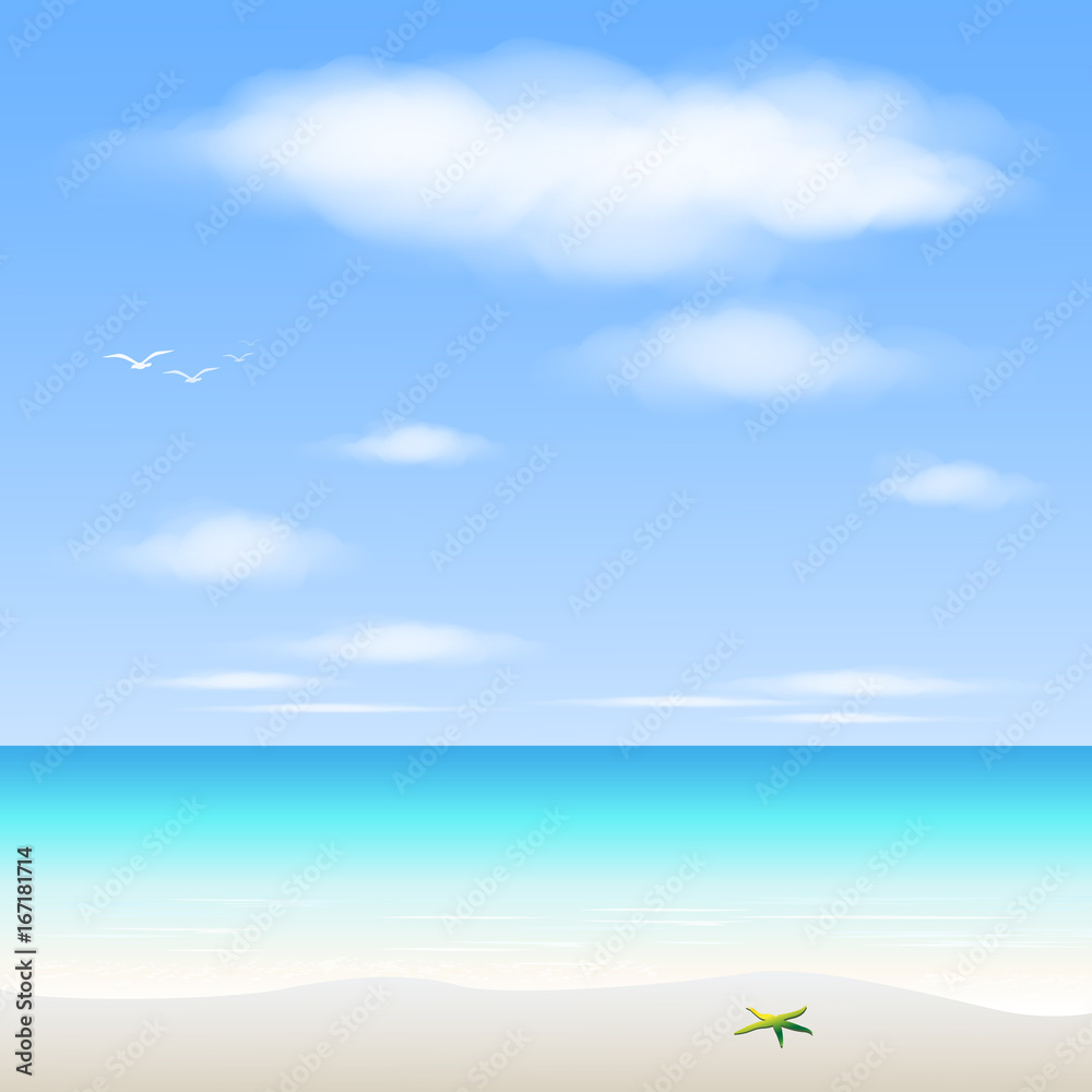 白色沙滩和清澈的海水，蓝天背景，矢量插图