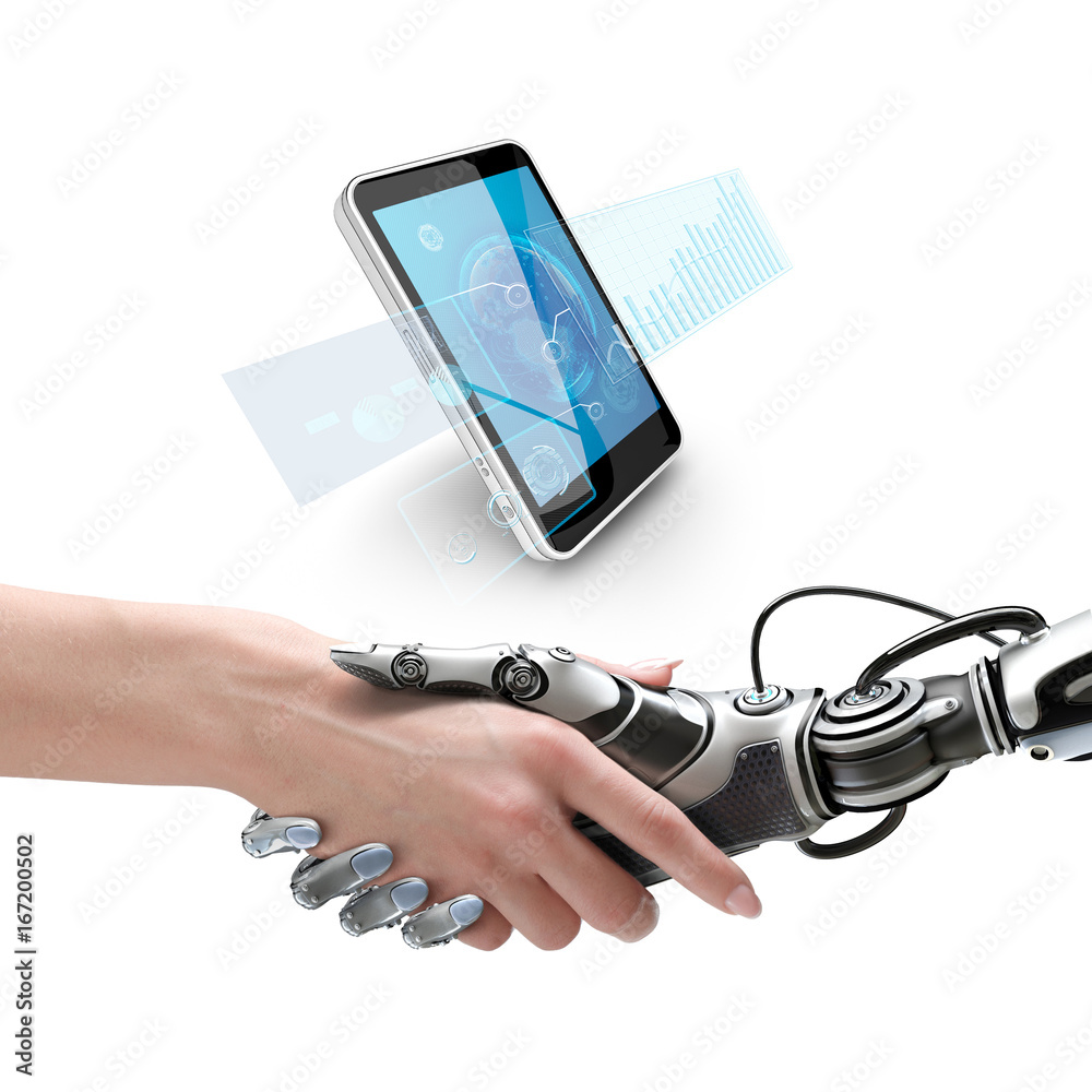 网络通信设计理念。女性机器人和人类握手。智能手机