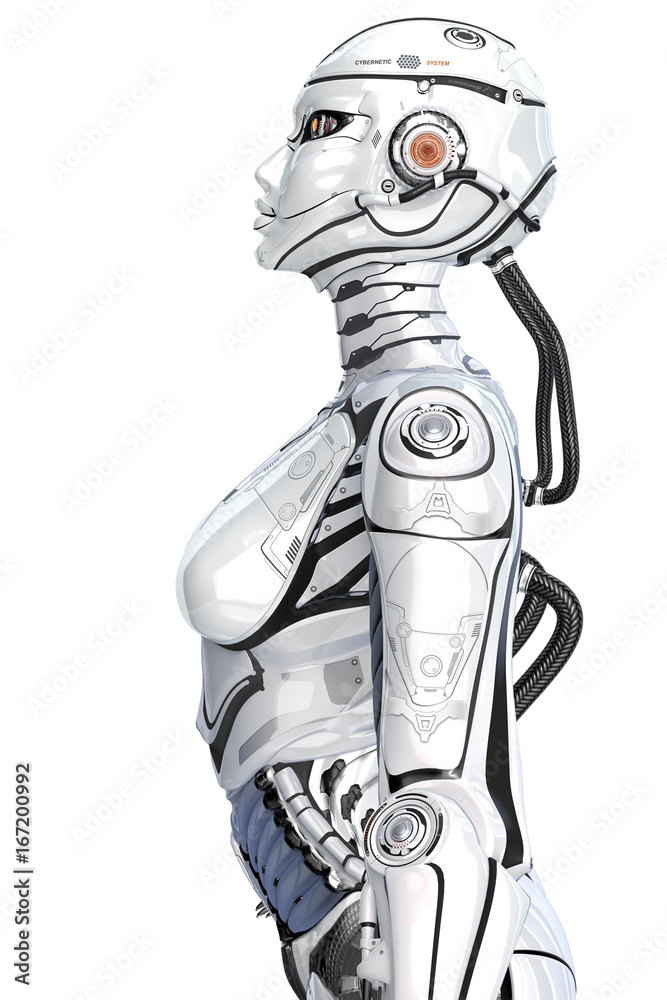 一款采用内部网络技术的女性高细节机器人，侧视图隔离在白色背景上。