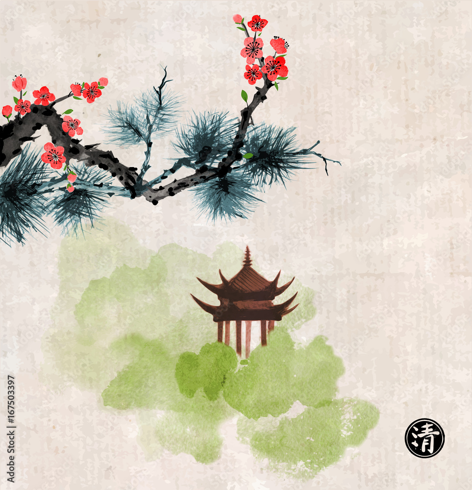 松树树枝，樱花盛开，古色古香的小佛塔庙。传统风格