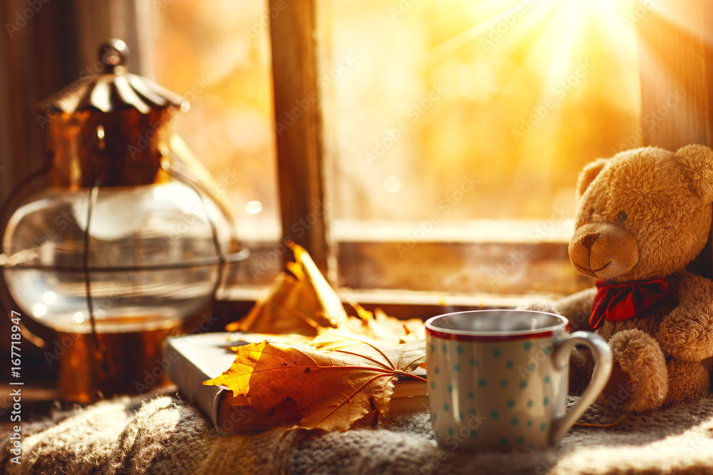 秋天的静物。一扇窗户，一本热茶马克杯书