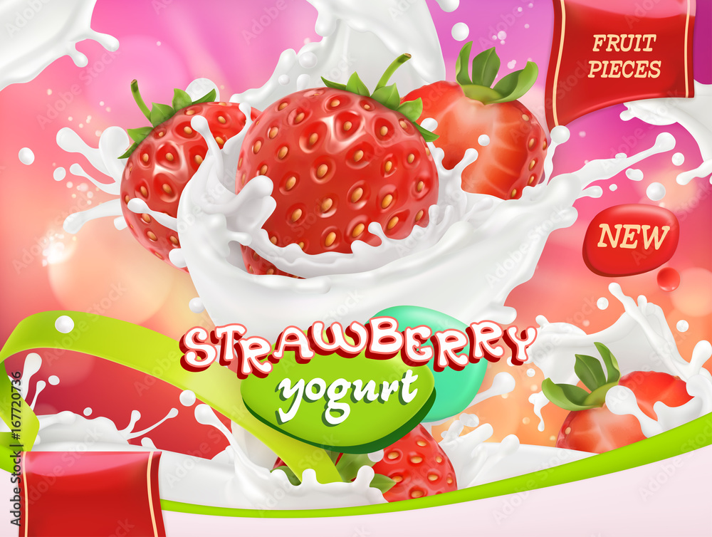 草莓酸奶。水果和牛奶飞溅。三维逼真矢量，包装设计