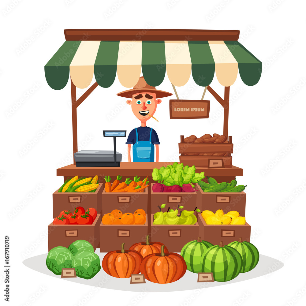 农场商店。当地摊位市场。卖菜。卡通矢量插图。