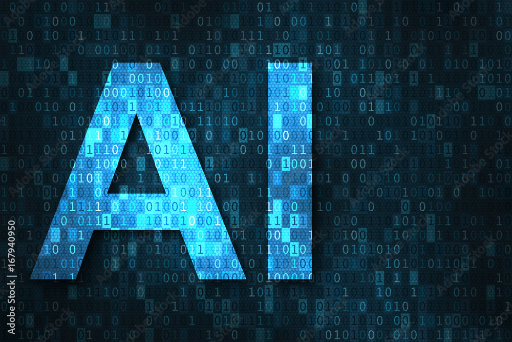 Artificial intelligence illustration with AI over binary code matrix background