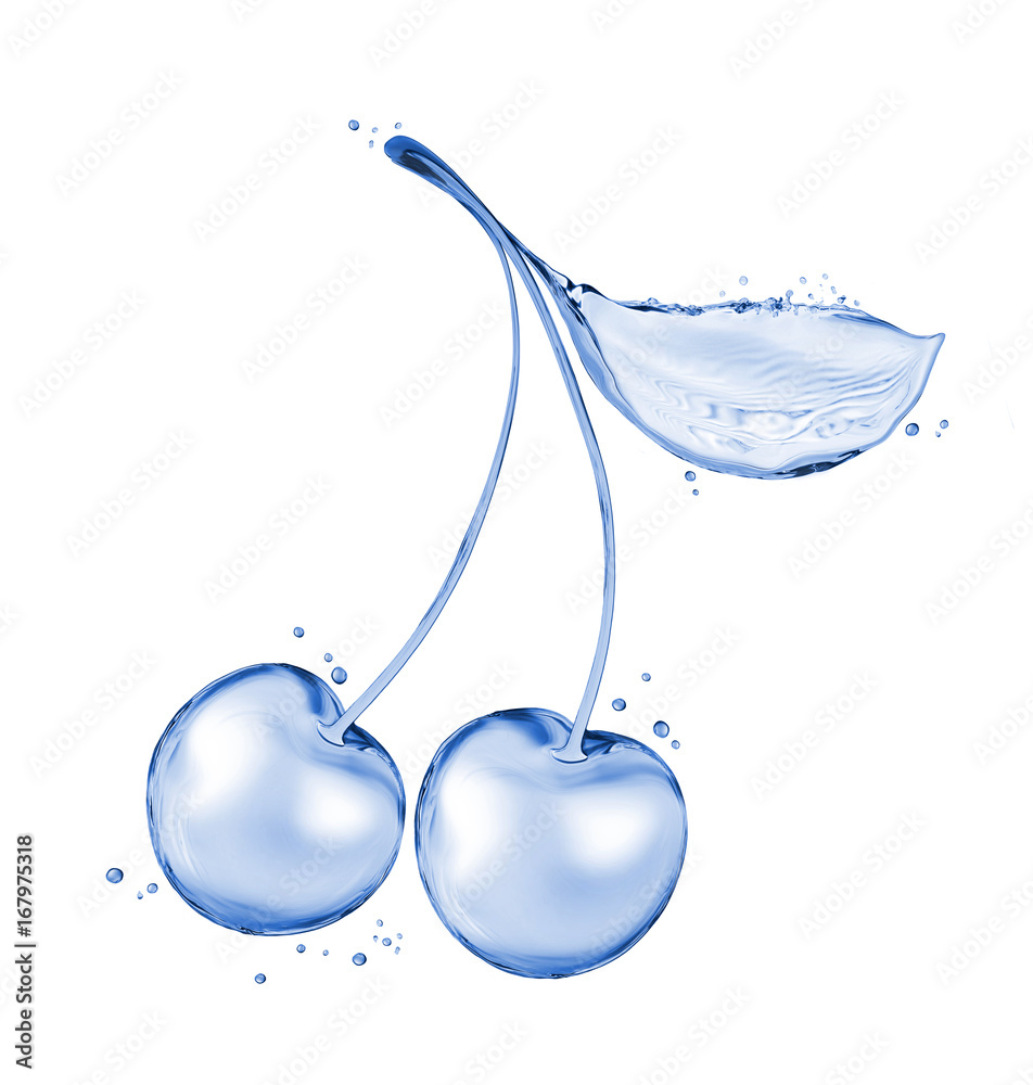 Two cherries made of water splashes. Concept image isolated on white background