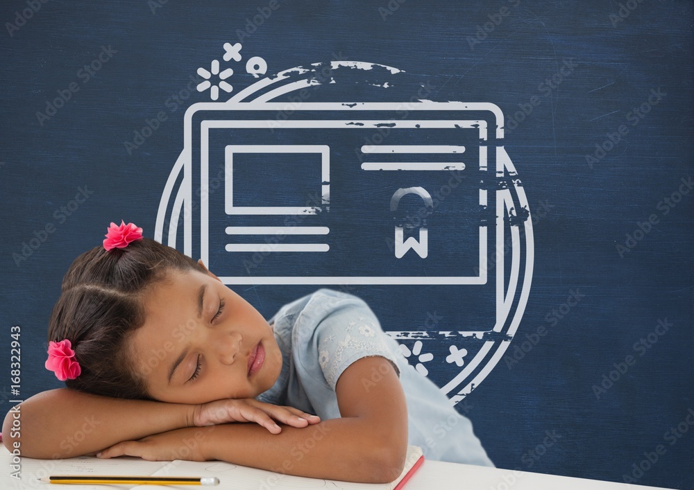 Student girl sleeping on a table against blue blackboard with sc
