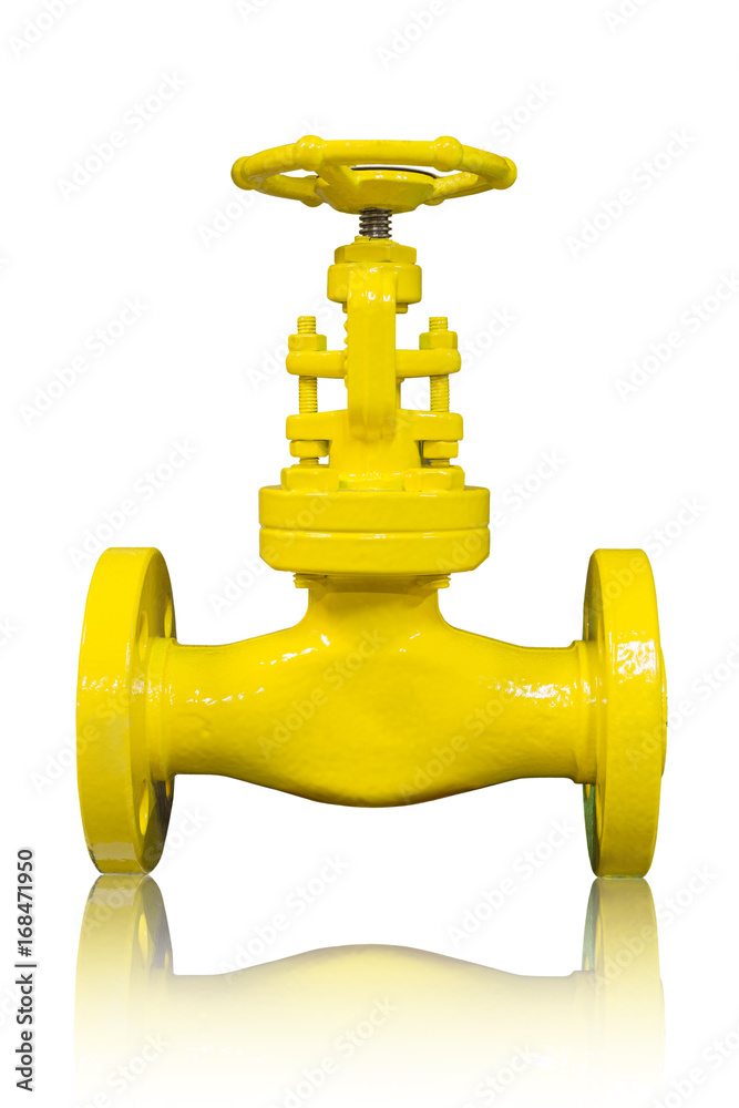 Stainless steel globe valve painted with yellow color used in oil and gas industry isolated on white