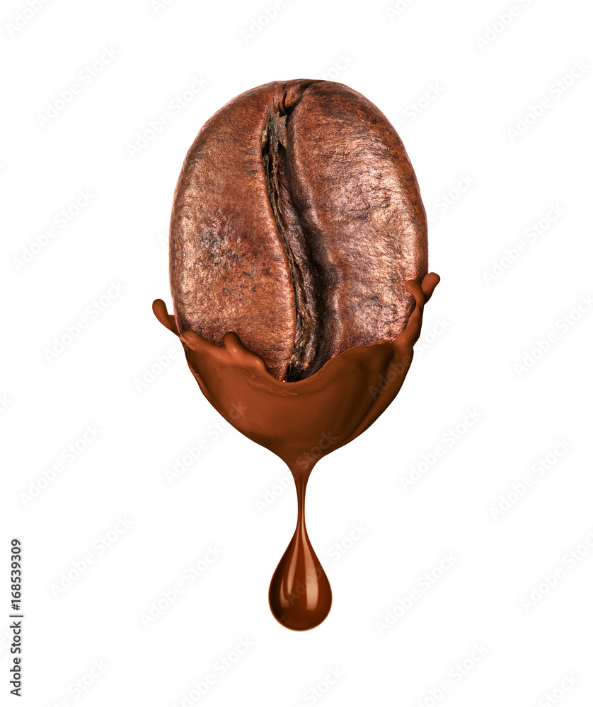 白底分离的液态热巧克力中的咖啡豆