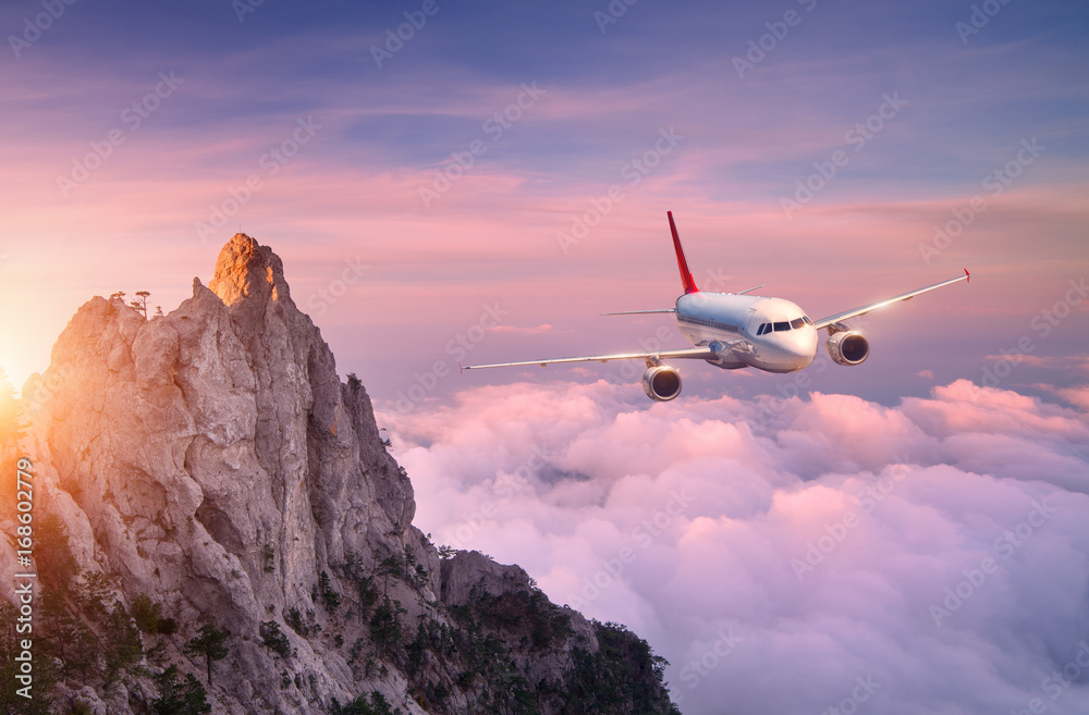 日落时，飞机在云层上飞行。白色客机、岩石、大海和pu的景观