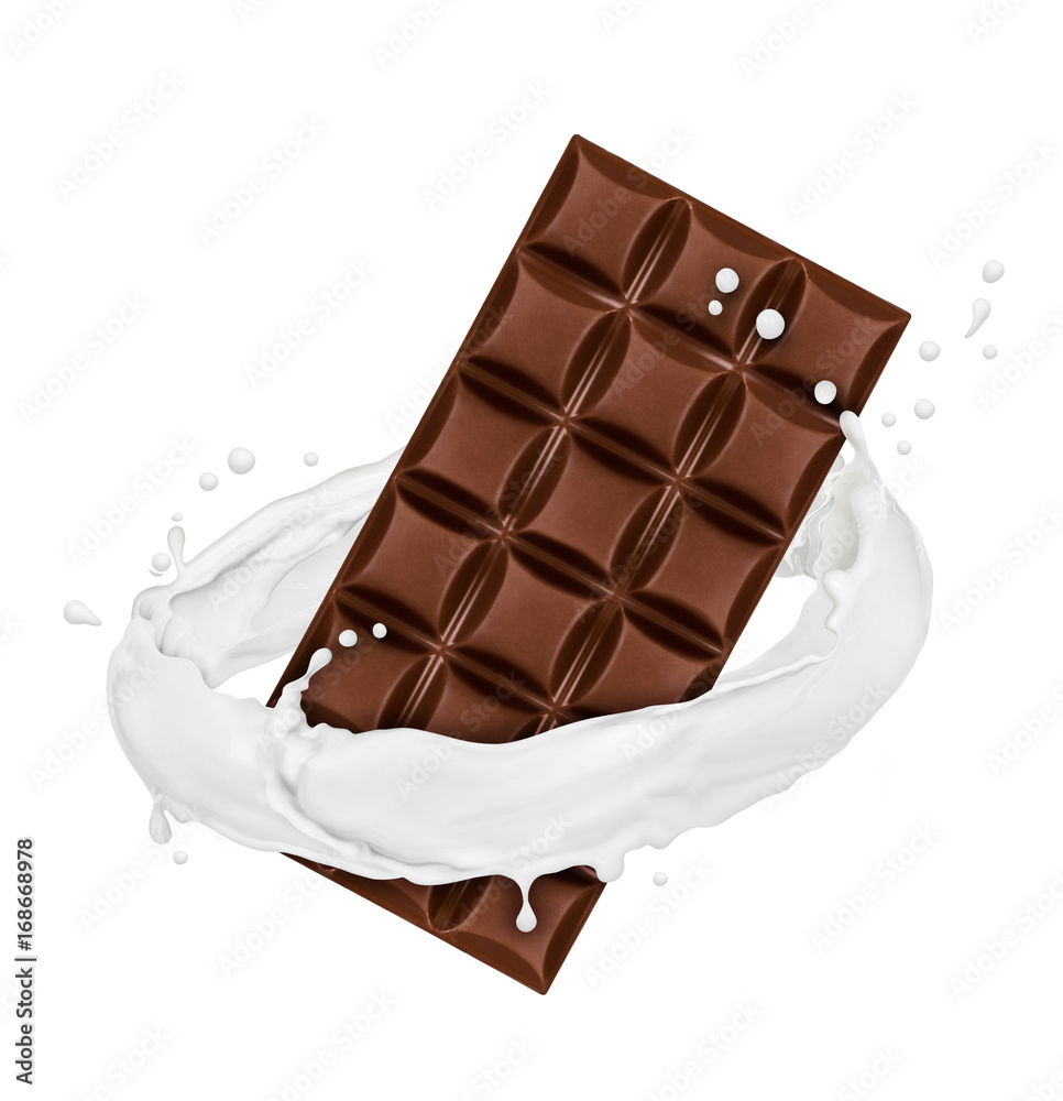 巧克力条在白色背景下的牛奶飞溅中旋转