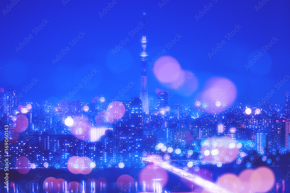 东京城市夜晚背景与模糊的Bokeh灯光