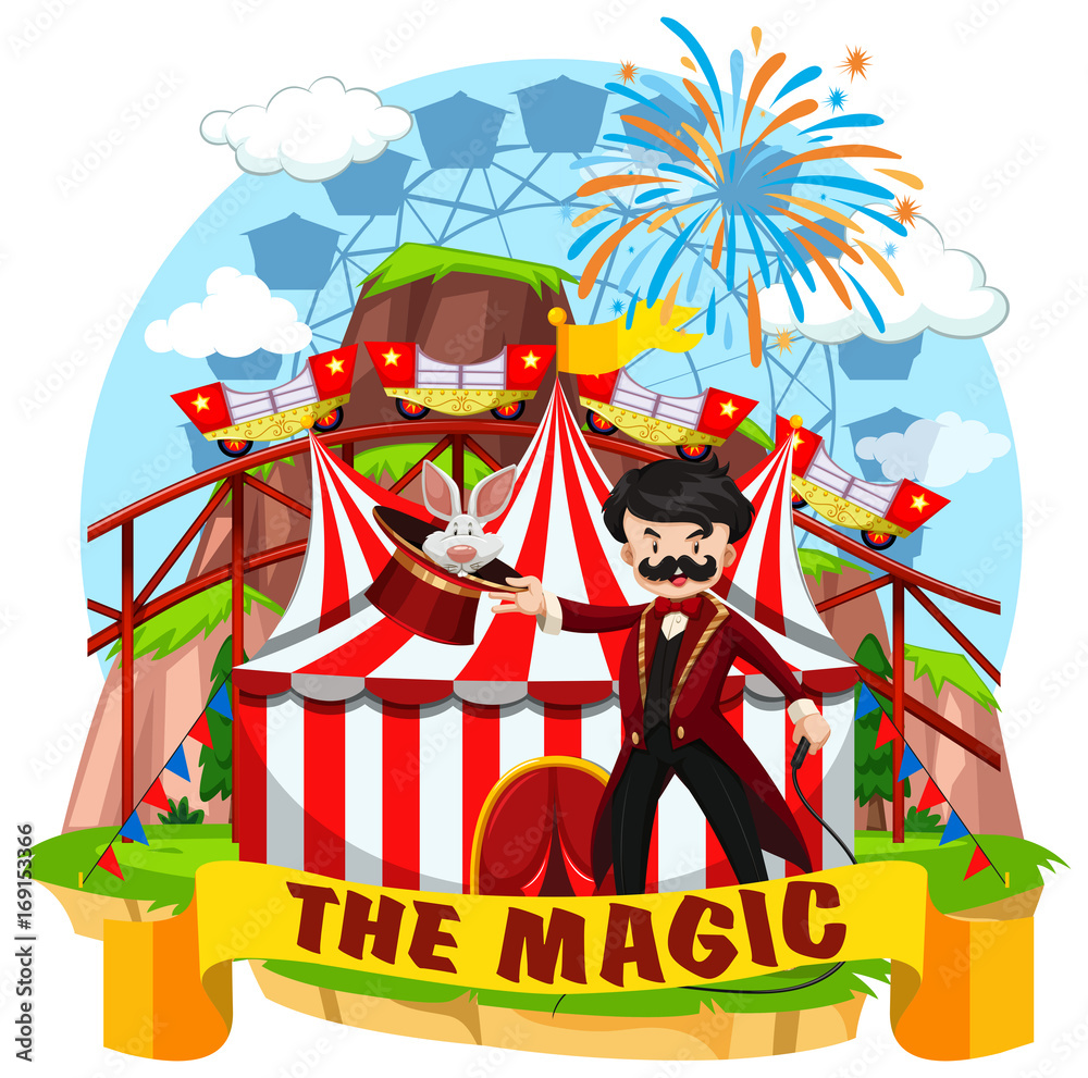 Circus scene with magician and rides