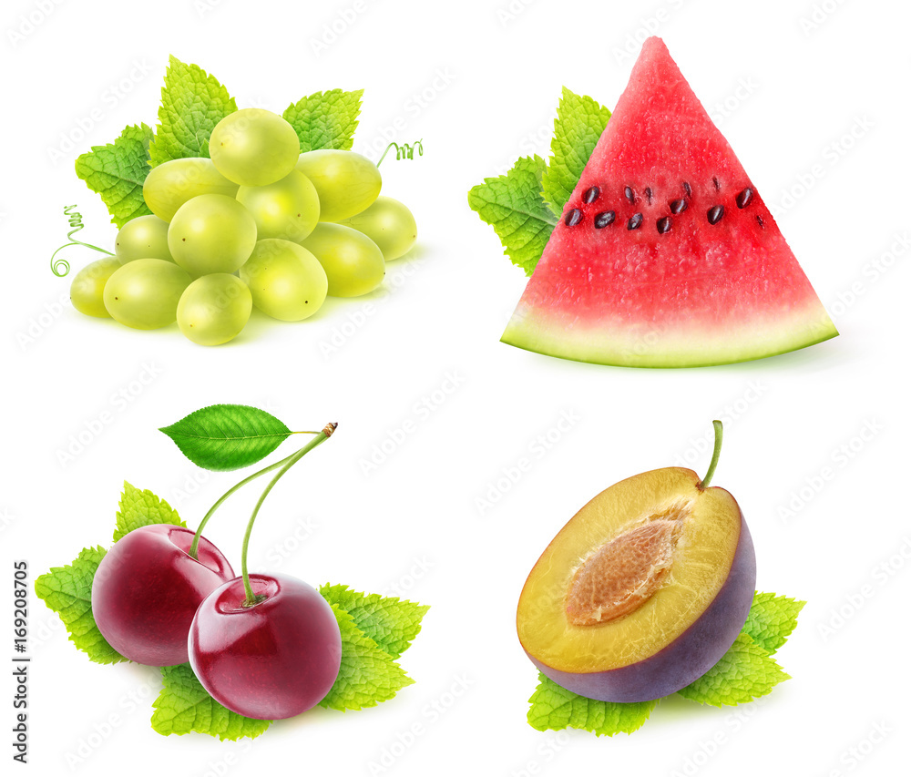 Isolated fruits with mint. Slice of watermelon, white grapes, cherries and half of plum fruit with m