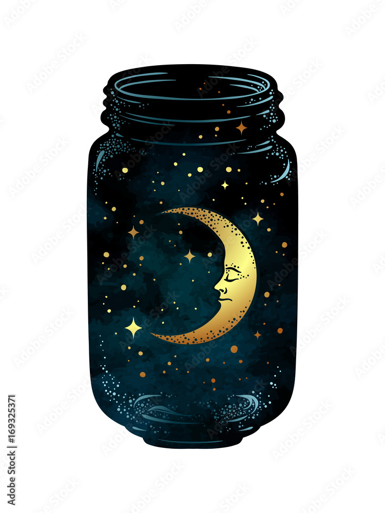 Hand drawn wish jar. Crescent moon and stars in glass jar isolated. Sticker, print or tattoo design 