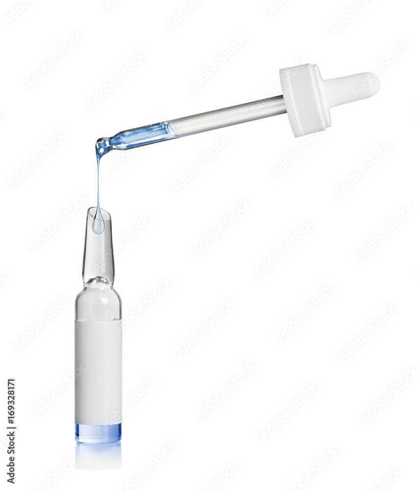 带化妆品移液管的医用安瓿，在白色背景上分离