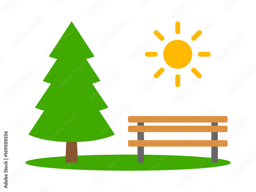 公园里有常青松树、长椅和遮阳板，用于应用程序和网站的颜色矢量图标