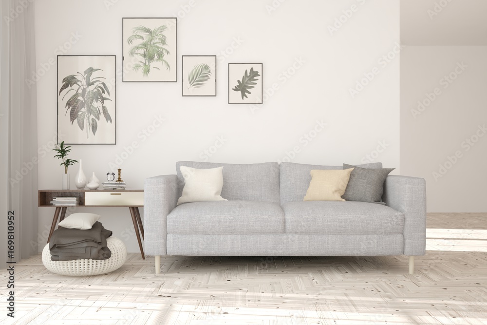 带沙发的白色极简主义房间。斯堪的纳维亚室内设计。3D插图