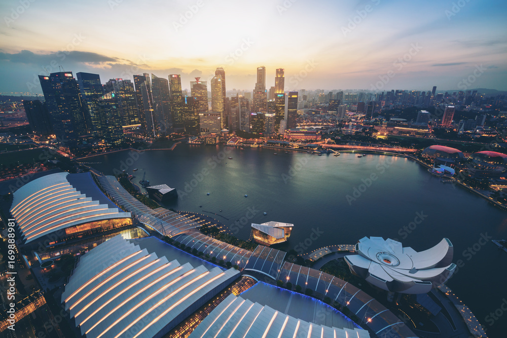 新加坡滨海湾天际线鸟瞰图