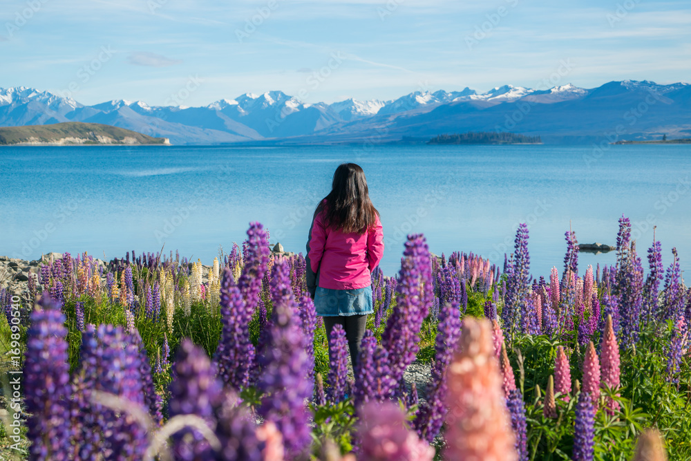 新西兰Tekapo湖的旅游女性