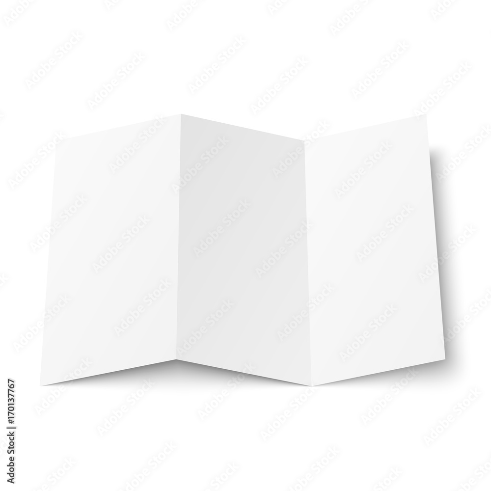 白色背景上的空白三折传单俯视图。锯齿形折叠A4纸。empt的模型