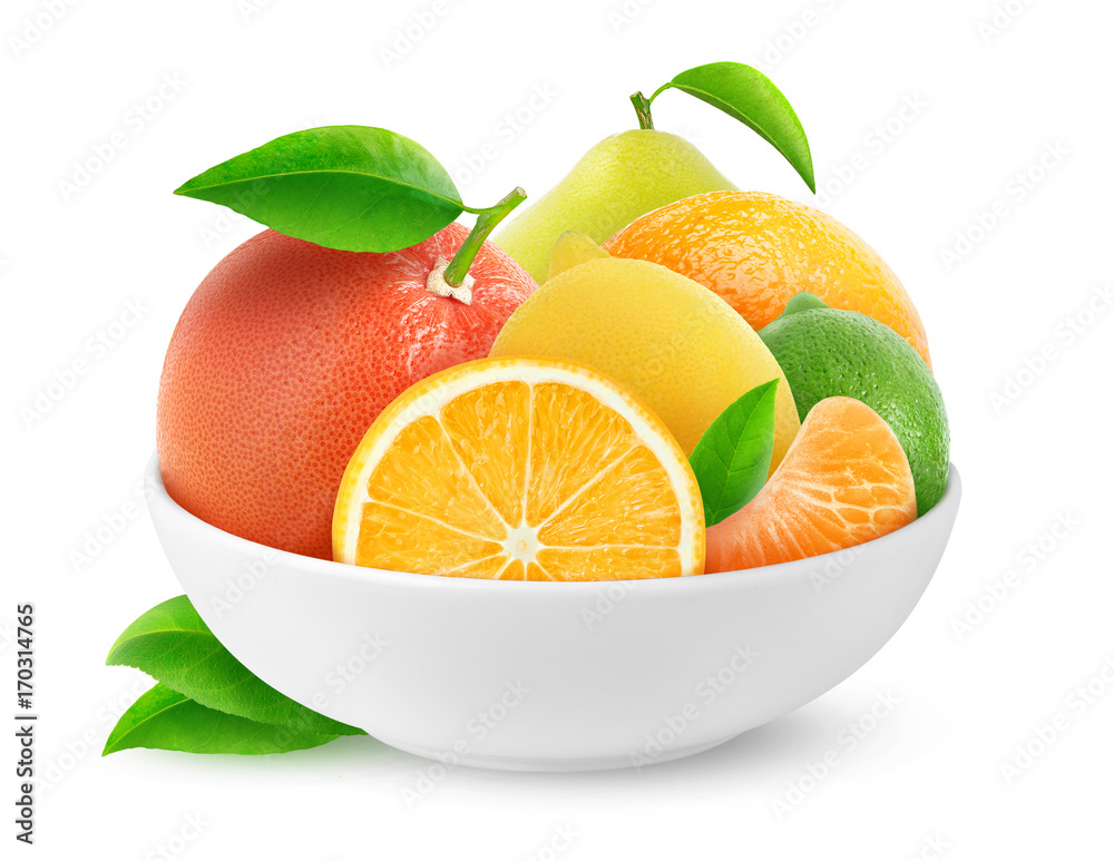 孤立的柑橘类水果。一堆柑橘类水果（橙子、柠檬、酸橙、葡萄柚、橘子、柚子）i