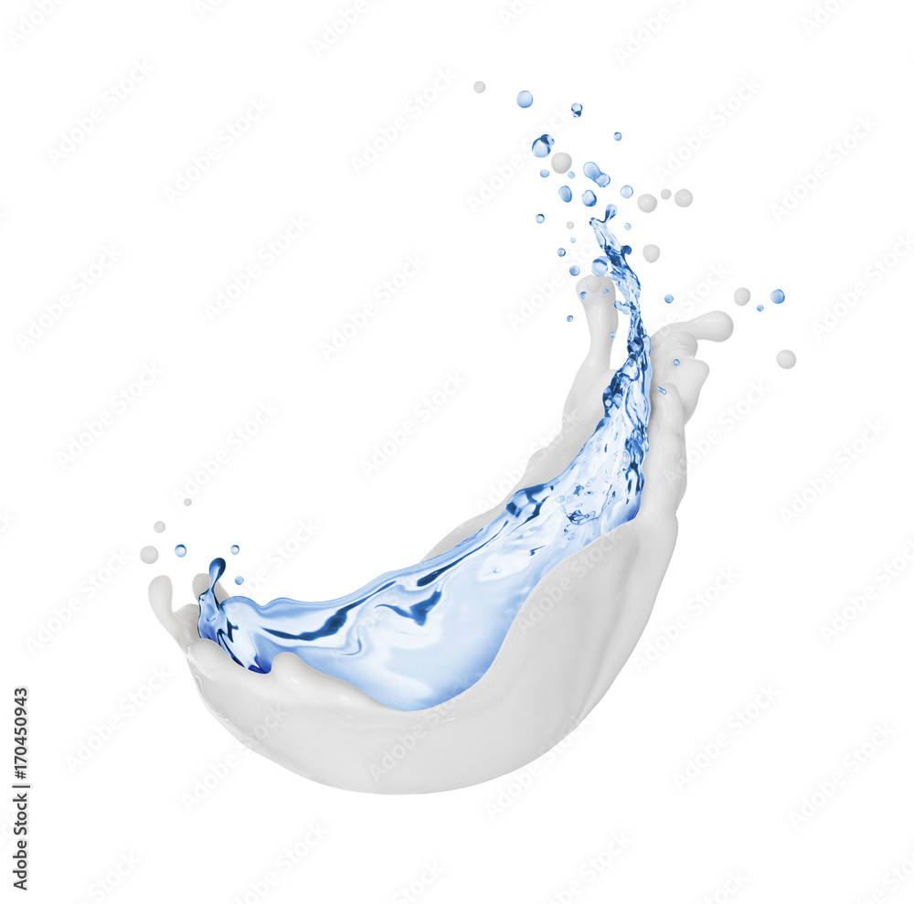 奶油与淡水的飞溅特写，在白色背景上隔离