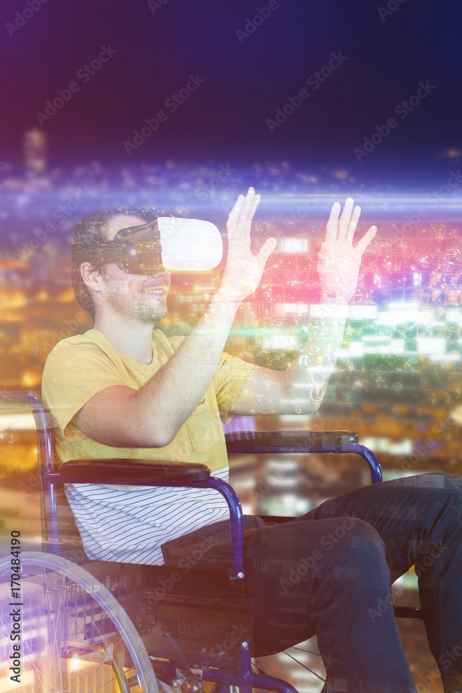 Composite image of smiling man using virtual reality glasses