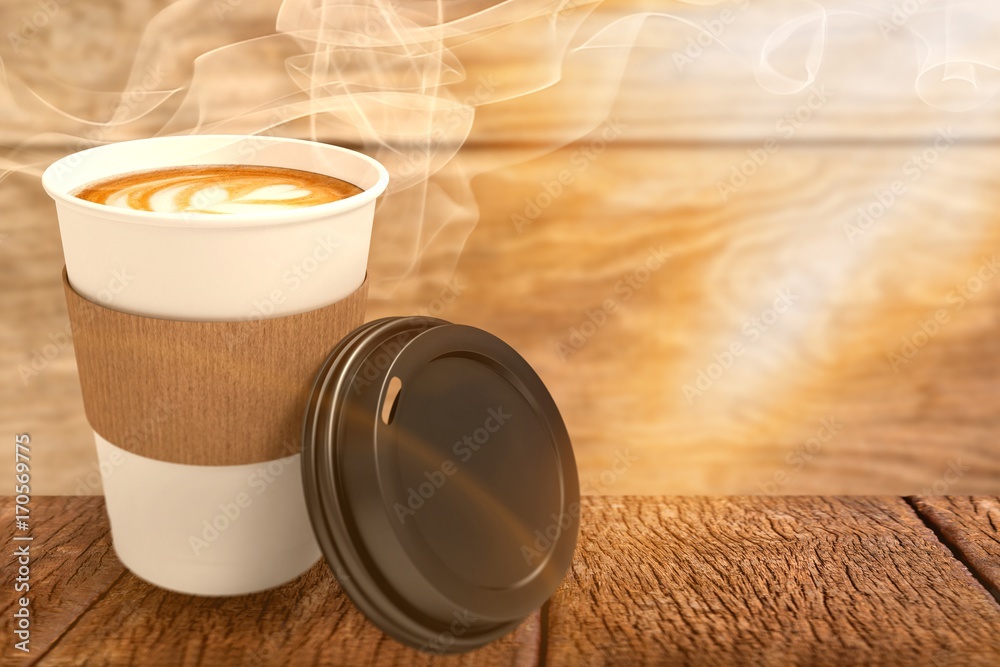 Composite image of coffee on white cup in front of its cover