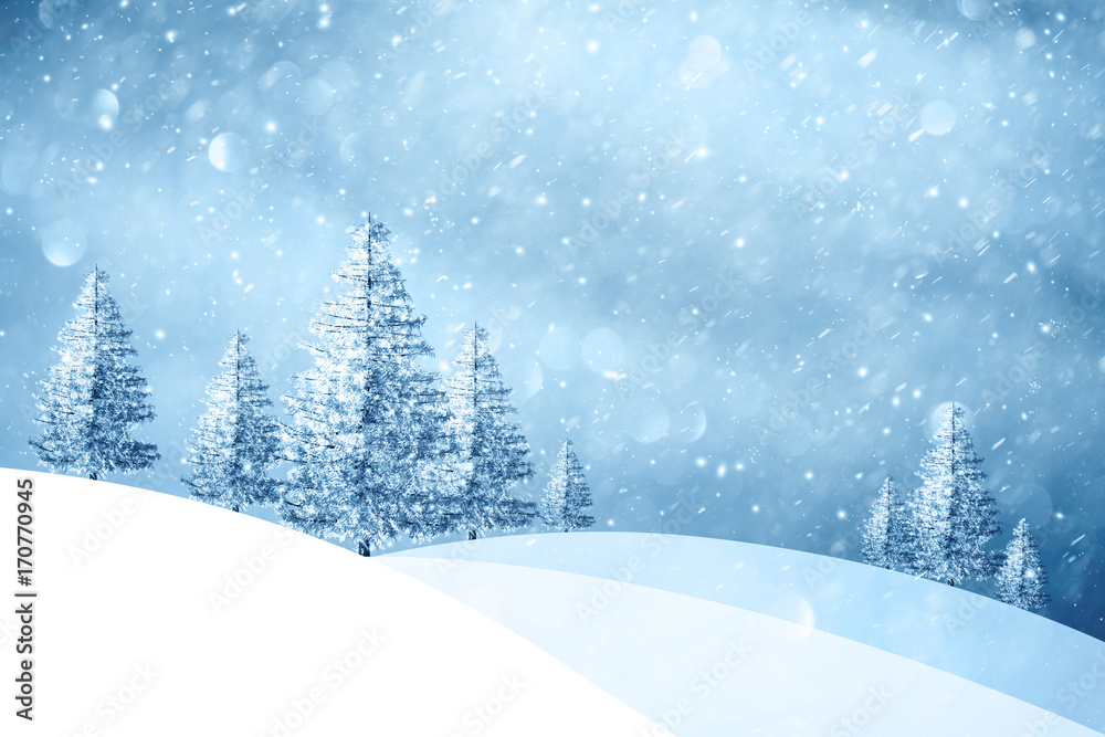 神奇的冬季降雪景观，山上有白雪皑皑的树木。圣诞节和新年假期问候