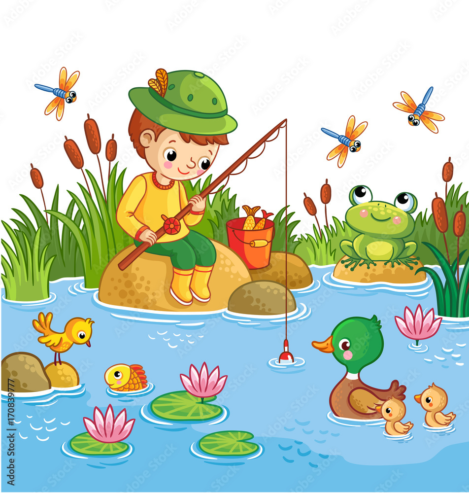 男孩坐在岩石上，在池塘里钓鱼。卡通儿童风格的矢量插图