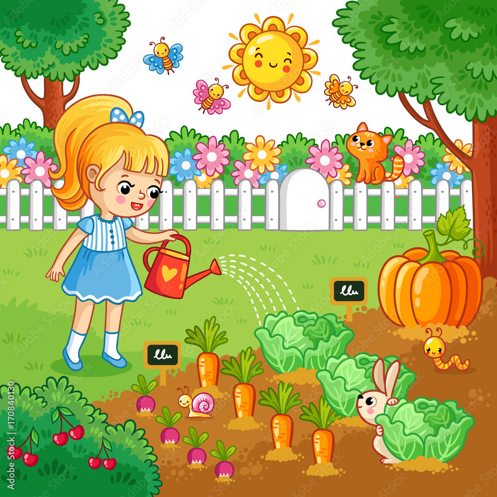女孩在花园的床上浇蔬菜。卡通风格的农作物矢量插图