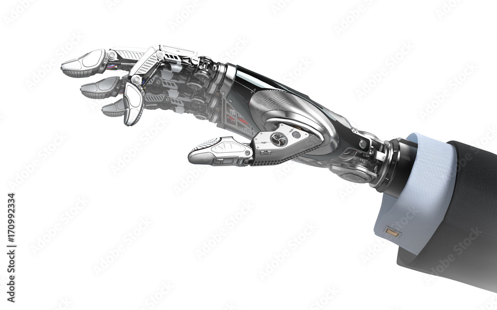 穿着商务服的机器人手，手指拿着empy太空未来主义设计模板