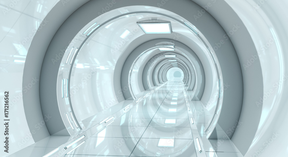 Bright futuristic spaceship corridor 3D rendering