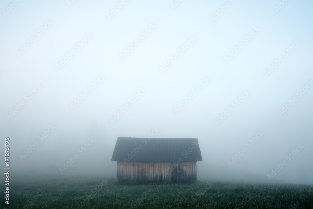 雾蒙蒙的草地上的偏远房子