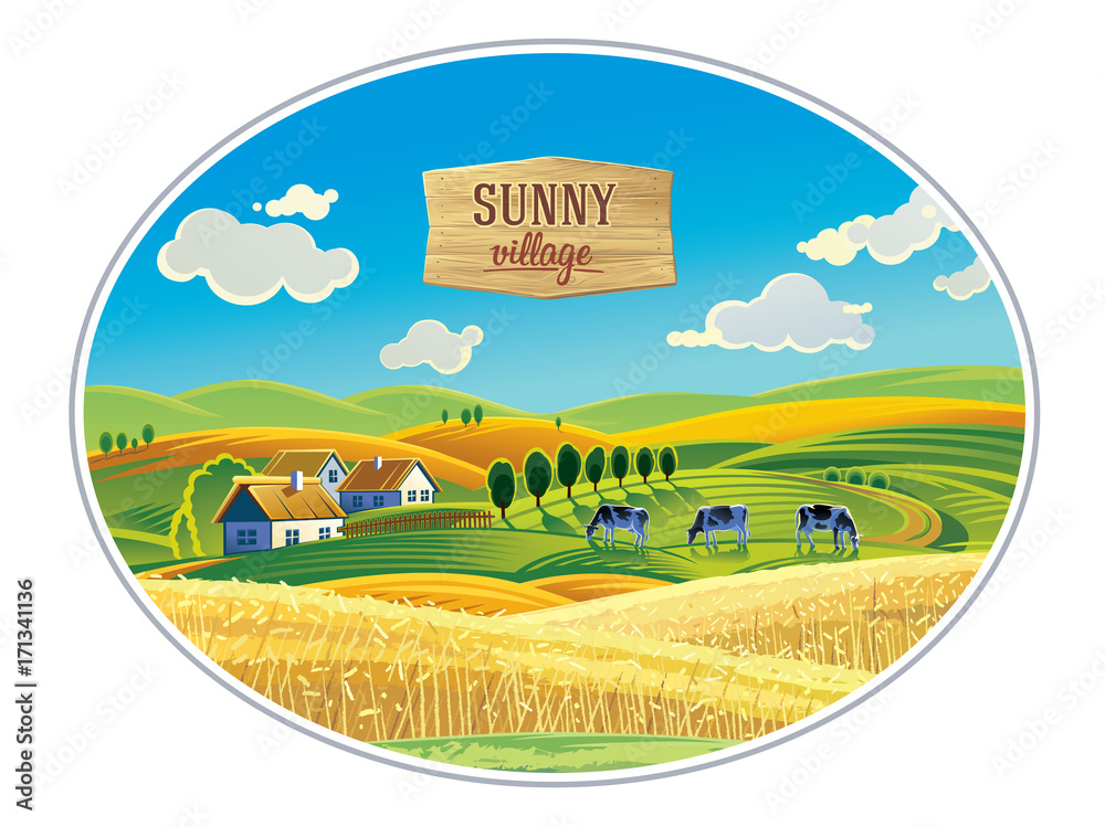 框架中的乡村景观，用于创建标签或商标的图形设计元素。