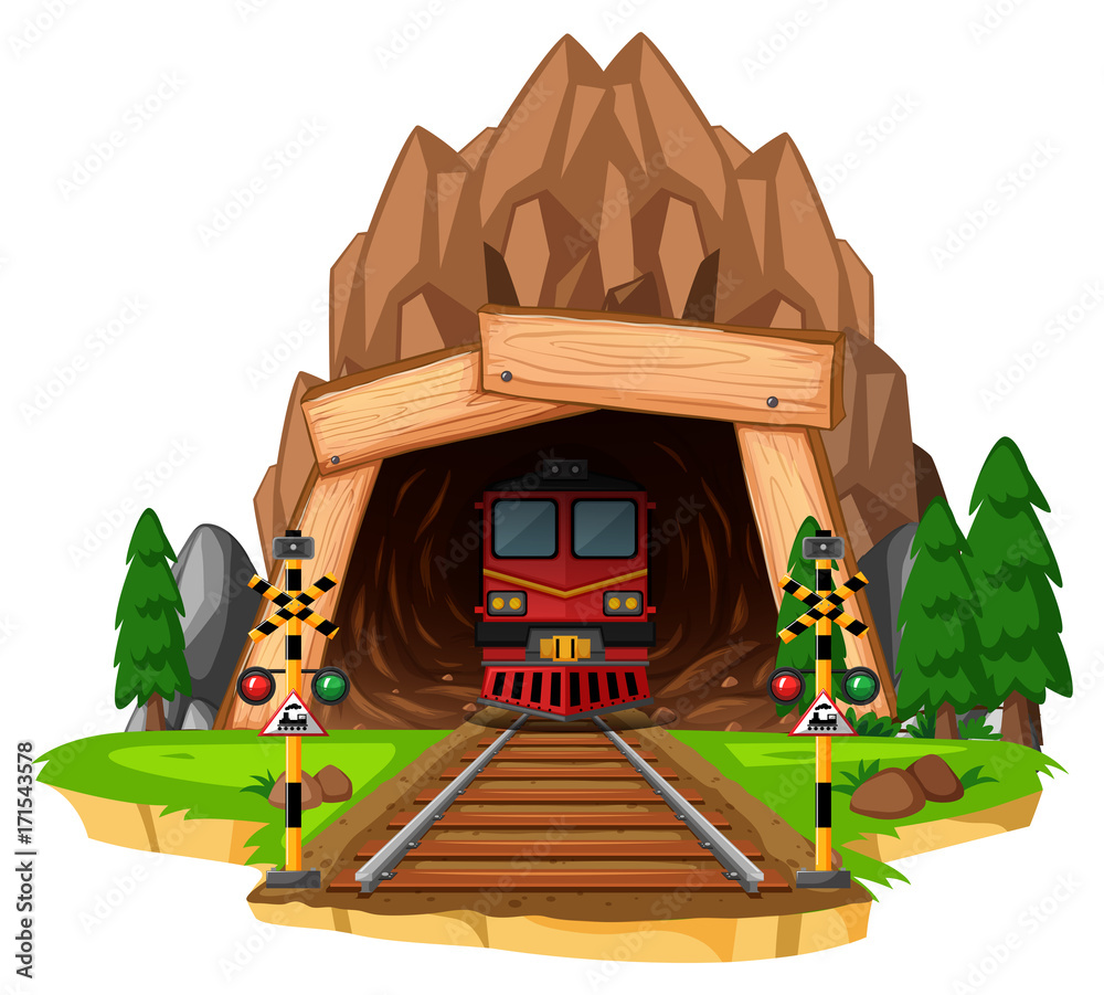 列车通过隧道在轨道上行驶