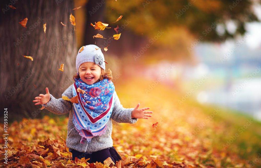 可爱快乐的女孩在秋季公园玩落叶
