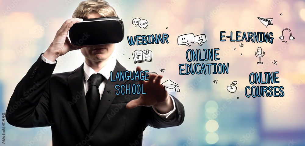 Online Education text with businessman using a virtual reality headset