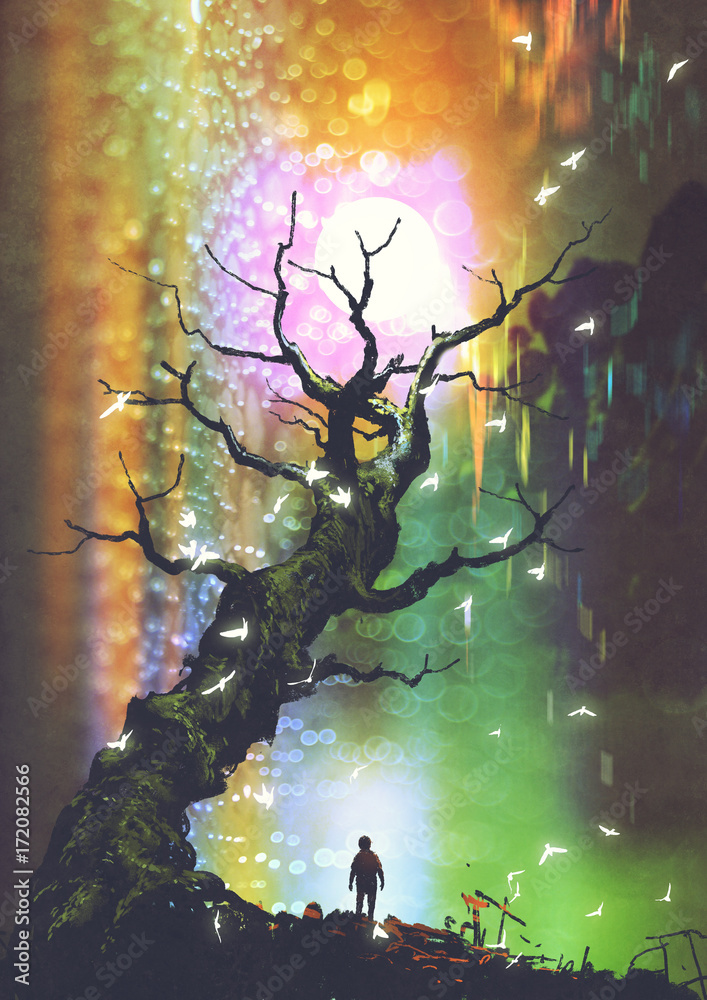 男孩站在光秃秃的树下的幻想风景，上面有光球，数字艺术风格，il