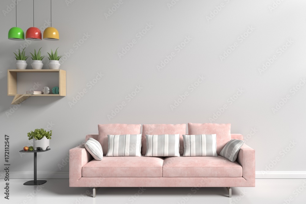 白色客厅，带粉红色沙发和五颜六色的灯
