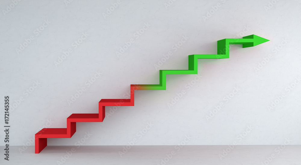 Red and green stairs arrow going up on concrete wall 3D rendering