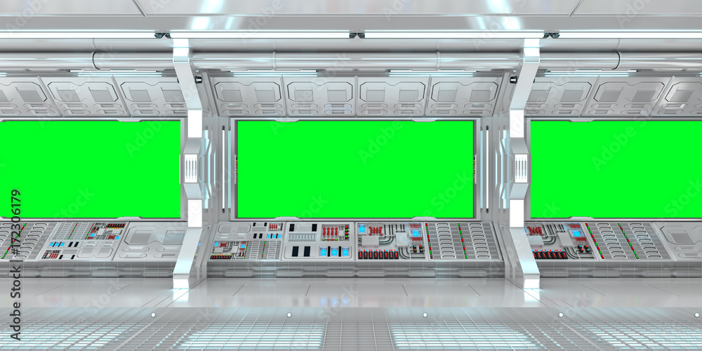太空船内部，绿色窗户3D渲染