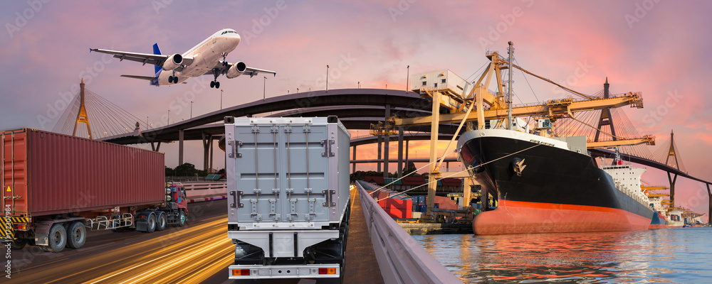 物流进出口背景下卡车船飞机的全景运输和物流概念