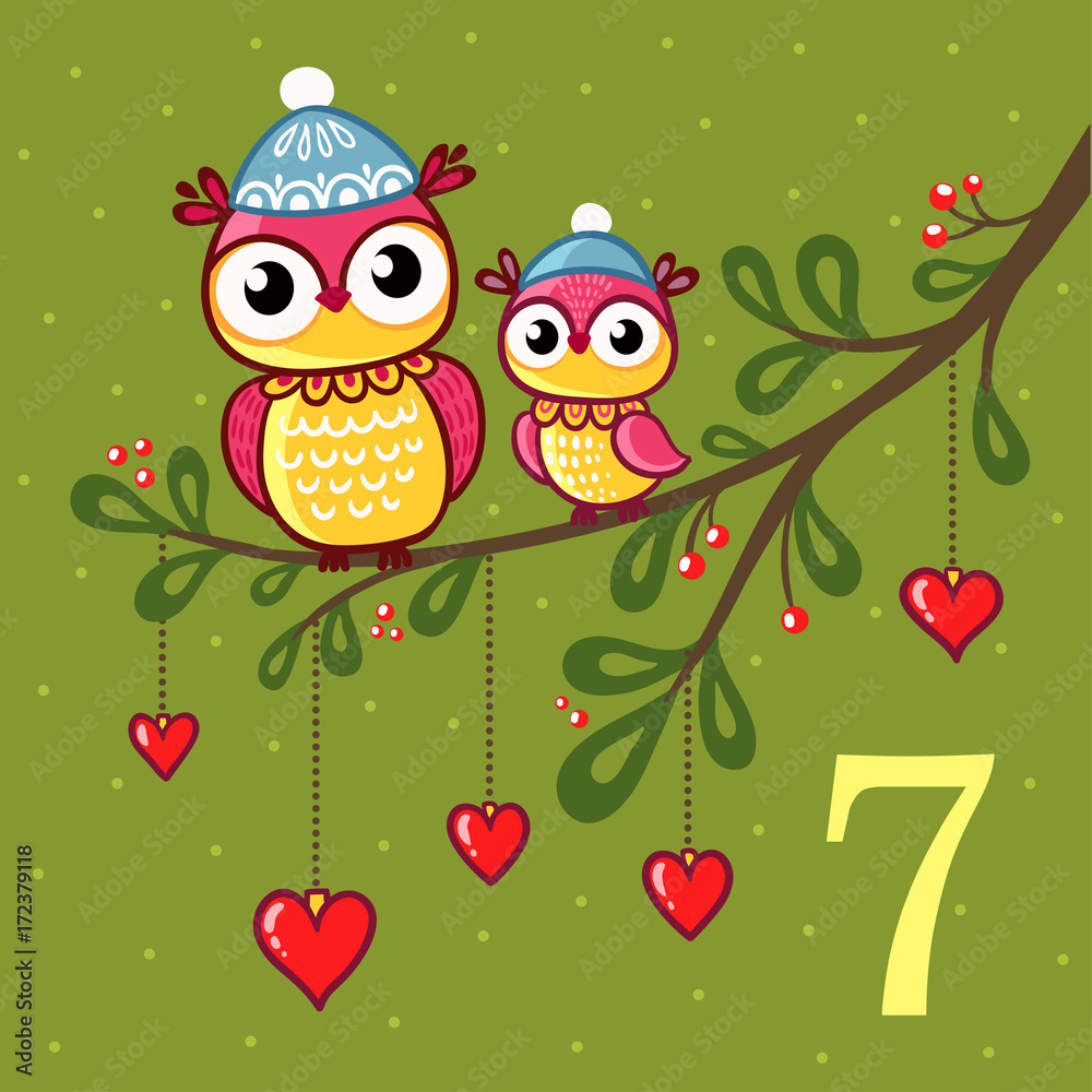 儿童风格的矢量圣诞来临日历。一对可爱的猫头鹰和Christma坐在树枝上