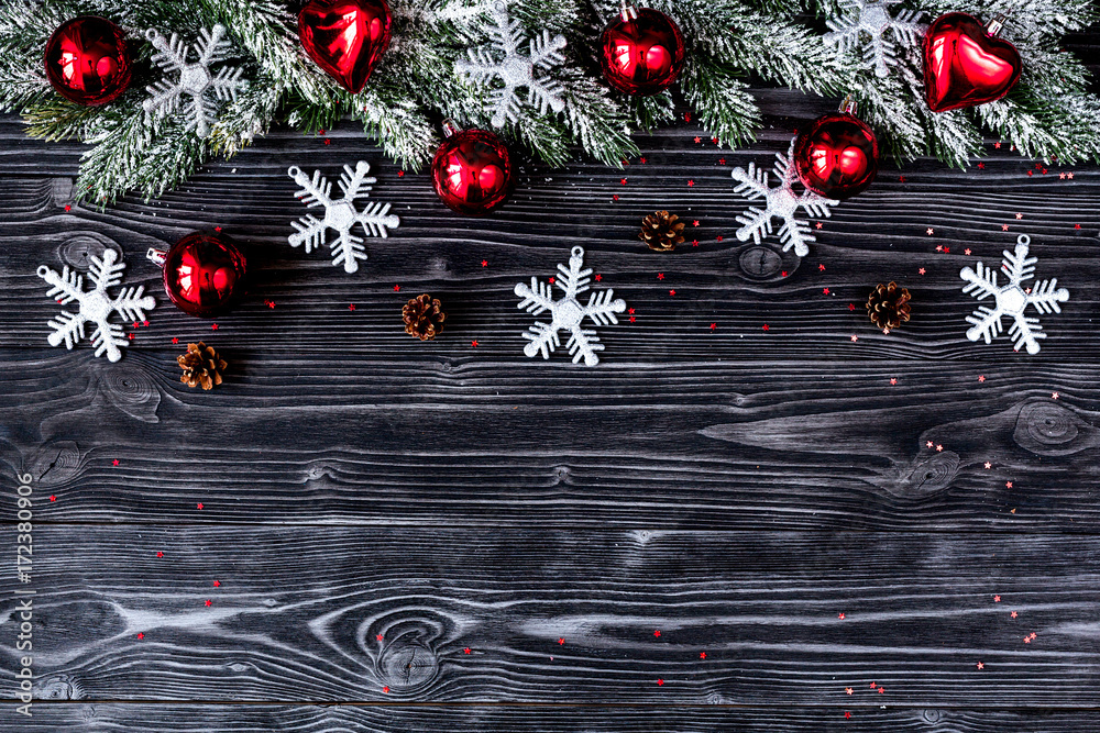 Christmas decorations New Year on dark wooden background top vie