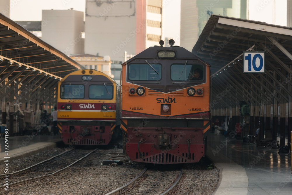 BANGKOK,TH - NOVEMBER 18 :Train parked on the tracks at the train station.18,2015 in Bangkok,TH